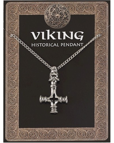 Dragons Head Cross Amulet Pendant on Chain - Pewter